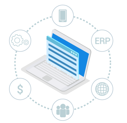 Diagrama de un sistema ERP conectado a diversos componentes de negocio, como finanzas, tecnología, y gestión, simbolizando la integración digital en la transformación empresarial.